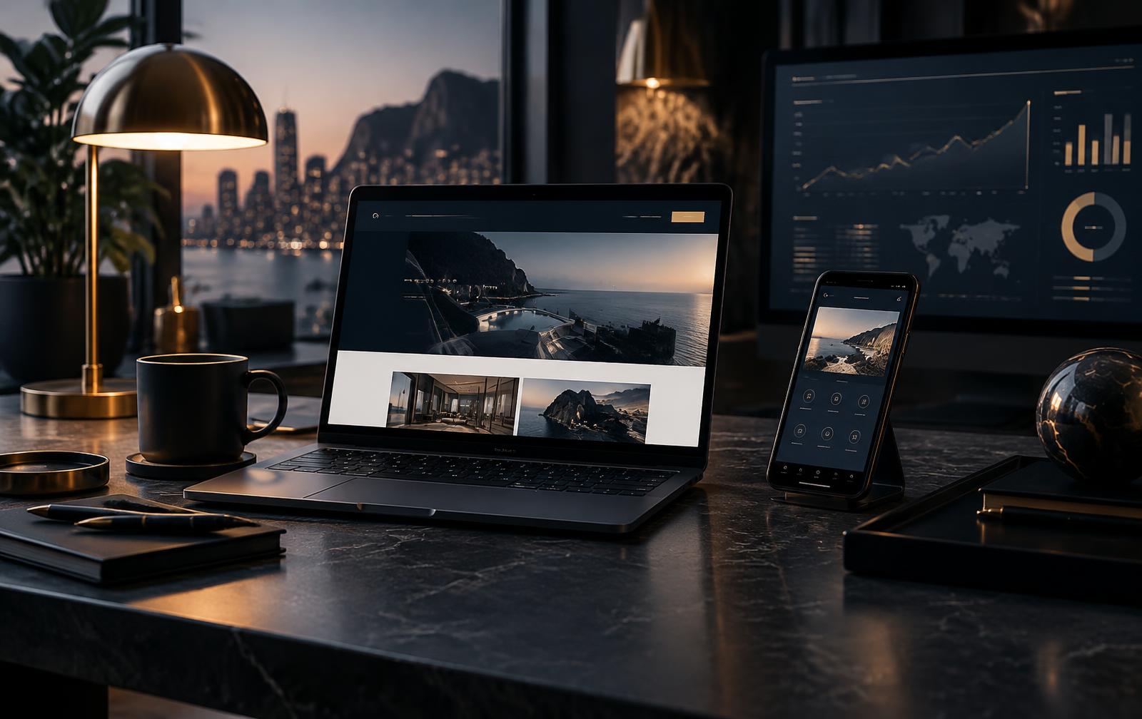 Laptop displaying an automation workflow beside a glowing network graphic