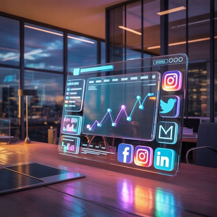 Digital growth dashboard with social media channels in an office